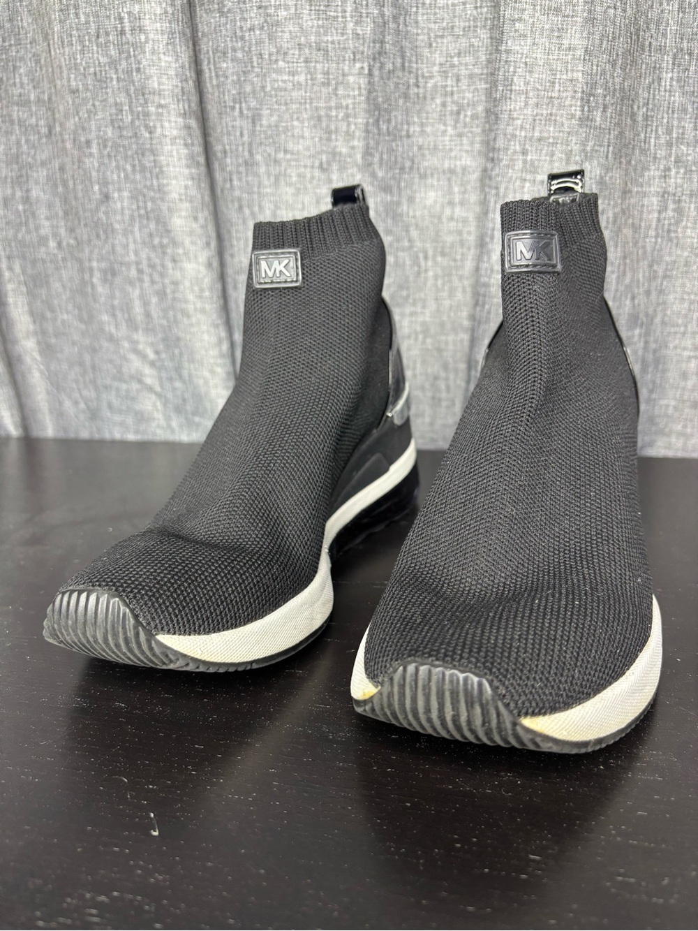 Michael Kors Skyler Stretch-Knit Sock Wedge Sneaker Booties in black size 6/6.5